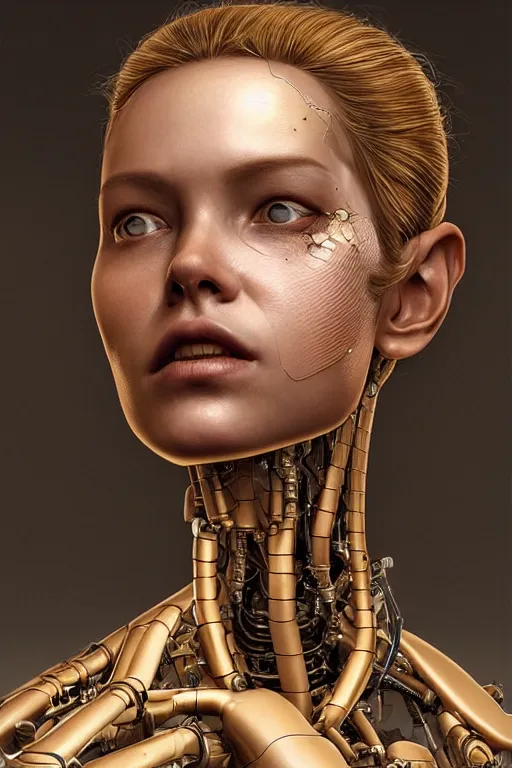Image similar to beautiful portrait of a female robot, dystopian, biopunk, detailed skin, digital painting, sculpted in zbrush, artstation, concept art, smooth, sharp focus, illustration, chiaroscuro, soft lighting, peaceful ambient, golden ratio, rule of thirds, fibonacci, incredible art by Stanley Artgerm Lau and Greg Rutkowski, composition by mike mignola and Simon Stalenhag,