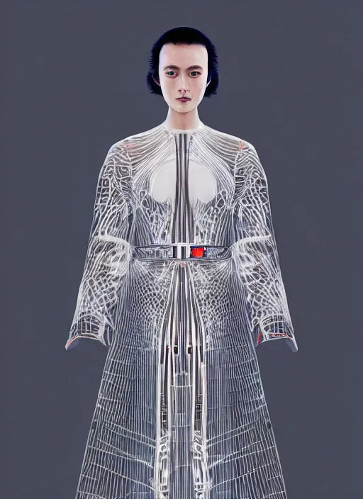 Image similar to a digital portrait by ichiro tanida and mitsuo katsui of an european girl detailed features wearing a cyber kimono latex suit wedding dress - synthetic materials, by issey miyake