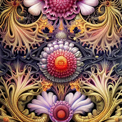 Prompt: an ultra hd detailed painting of many different types of flowers by Android Jones, Earnst Haeckel, James Jean. behance contest winner, generative art, Baroque, intricate patterns, fractalism, rococo