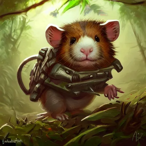 Image similar to cute little anthropomorphic Guinea Pig Soldier, ultra wide lens shot , tiny, small, Jungle camouflage, short, cute and adorable, pretty, beautiful, DnD character art portrait, matte fantasy painting, DeviantArt Artstation, by Jason Felix by Steve Argyle by Tyler Jacobson by Peter Mohrbacher, cinematic lighting