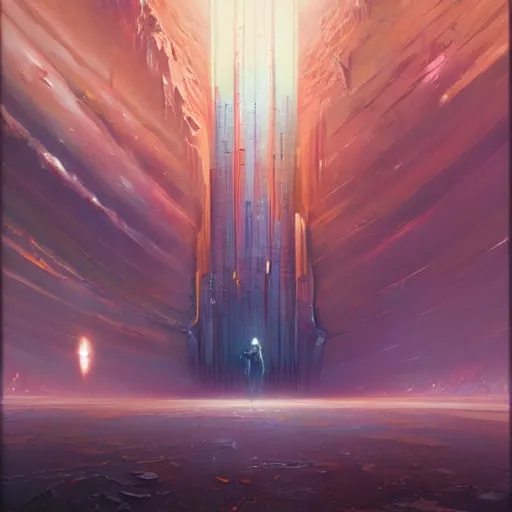 Image similar to a painting of a man standing in front of a giant monolith, poster art john berkey and simon stalenhag and gilbert williams, cgsociety, space art, lovecraftian, cosmic horror, poster art