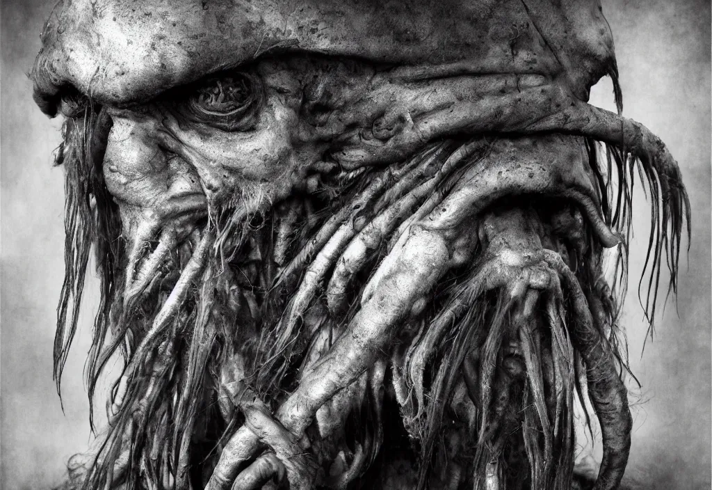 Image similar to full frame davy jones from pirates of the carribean dr. seuss character, anthropomorphic space womble by lee jeffries, gelatin silver process photo, h. r. giger, by lee jeffries