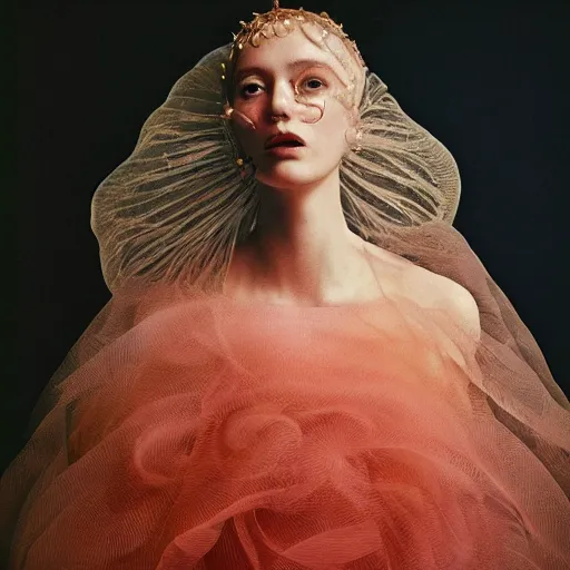 Image similar to Fashion photography of a woman wearing a dress inspired by a jellyfish, artistic photography, insanely detailed, chiaroscuro, cinestill 800t, Vogue magazine
