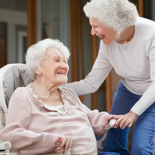 Prompt: very old white grandmother sitting in a rocking chair, grandmother is teasing her 3 year old baby granddaughter