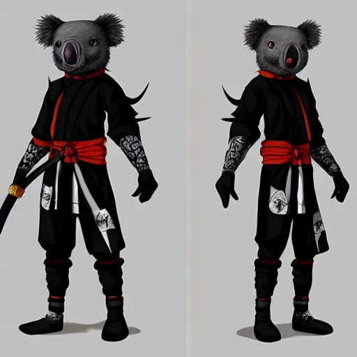 Prompt: an elegant demon koala dressed in a smart black shinobi outfit with naruto band, digital art by łukasz piskorz and patrick mcenvoy and michael komarck, intricate, highly detailed, artstation, concept art, smooth, sharp focus