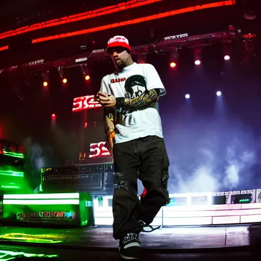 Image similar to Limp Bizkit concert, Fred Durst skateboards on stage, Realistic, HDR, Clear Image, HDD, RTX ON, Dynamic Lighting,