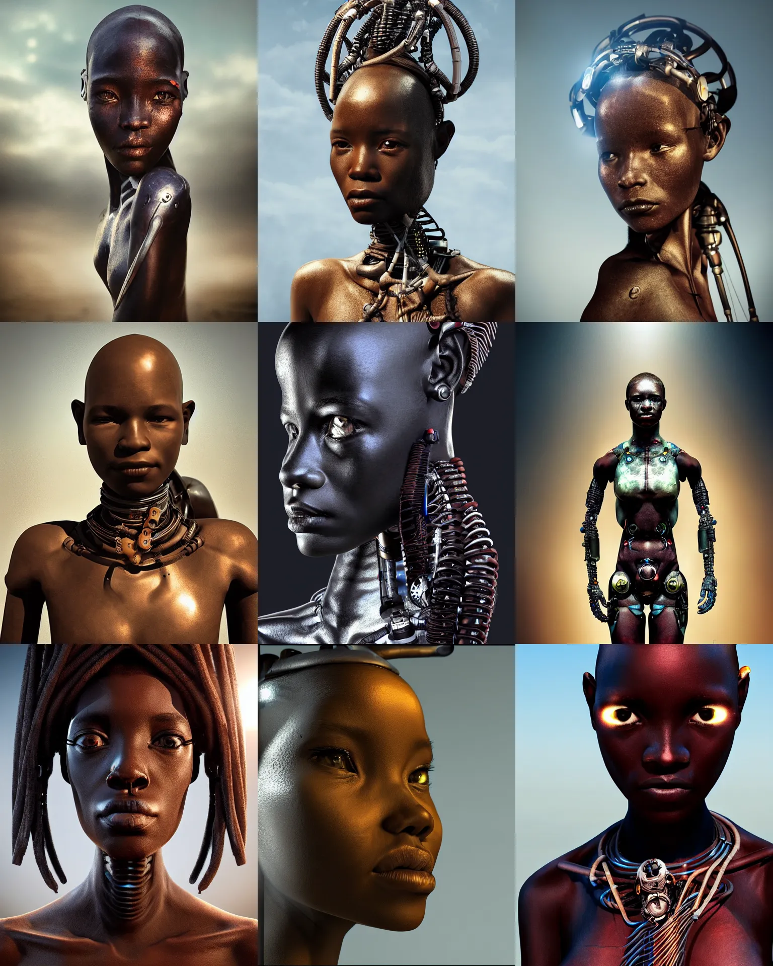 Prompt: futuristic himba young woman, cybernetic eye, mechanical limbs, the expanse concept art, realistic, dramatic lighting, intricate, depth of field, upper body