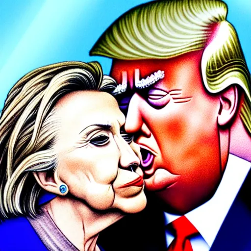 Image similar to realistic portrait of Donald trump kissing Hillary Clinton, hyperrealistic