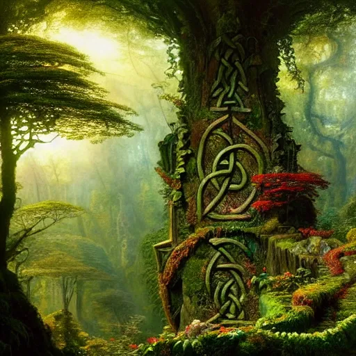 Image similar to a beautiful and highly detailed matte painting of a lush garden in a beautiful forest, carved celtic stone runes, psychedelic colors, intricate details, epic scale, insanely complex, hyperdetailed, artstation, cgsociety, 8 k, sharp focus, hyperrealism, by caspar friedrich, albert bierstadt, james gurney, brian froud,