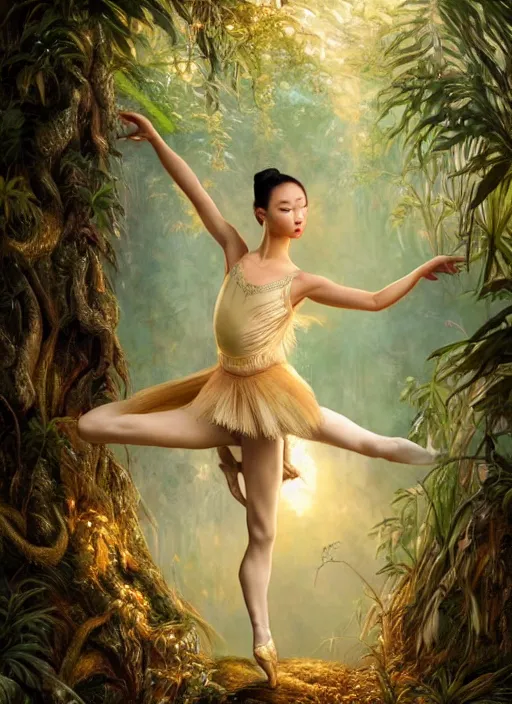 Image similar to stunningly beautiful, asian prima ballerina in jungle, symmetrical face, golden hour, smooth, focus, highly detailed, hyper realistic, dramatic lighting, elegant, intricate, concept art, art by wlop, mars ravelo, greg rutowski