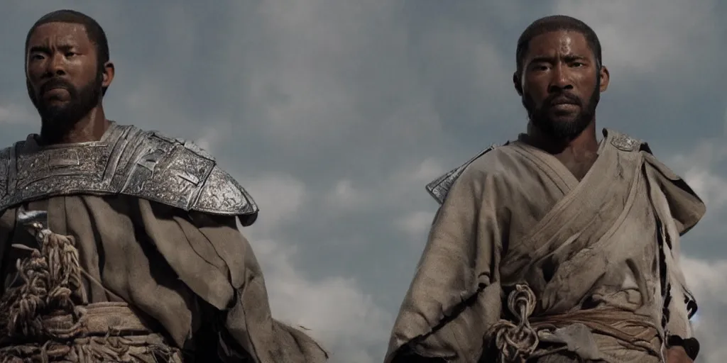 Image similar to a film still of a black man starring in a japanese blockbuster film as ancient samurai, intense, shallow depth of field, cinematic, award winning cgi, vfx, film still