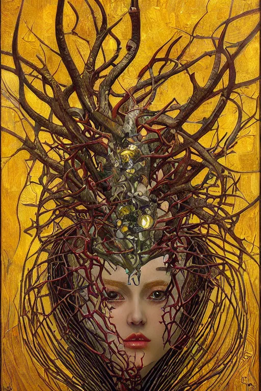 Image similar to Heart of Thorns by Karol Bak, Jean Deville, Gustav Klimt, and Vincent Van Gogh, anatomical heart, sacred heart, Surreality, otherworldly, infernal enigma, Helliquary, fractal structures, celestial, arcane, ornate gilded medieval icon, third eye, spirals, dramatic sharp thorns, rich deep moody colors