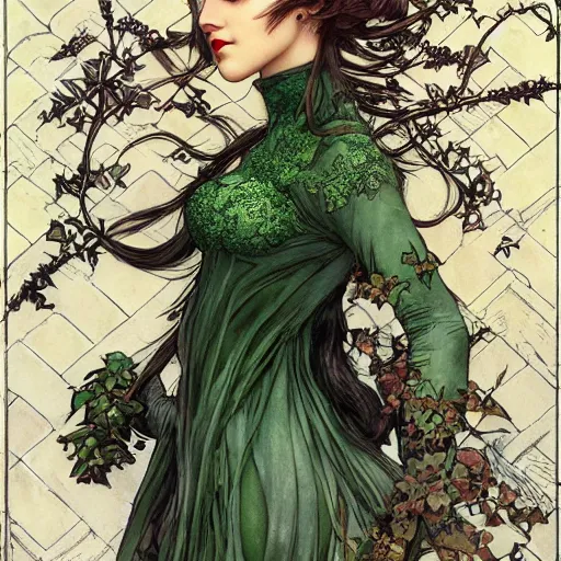 Prompt: a beautiful and detailed matte painting of a poison ivy dressed casually in clothes from hot topic, food court in a mall, dark eyeliner, intricate, elegant, highly detailed, digital painting, artstation, concept art, matte, sharp focus, illustration, art by rebecca guay and by arthur rackham and by alphonse mucha and by john william waterhouse