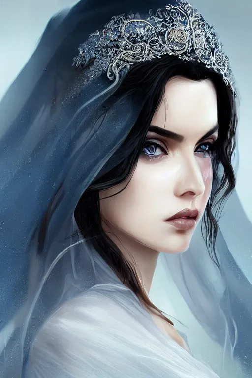 Image similar to Ameera al-Taweel, blue eyes, long wavy black hair, fierce look, white veil, closeup, focus face, elegant, highly detailed, centered, digital painting, artstation, concept art, art by WLOP