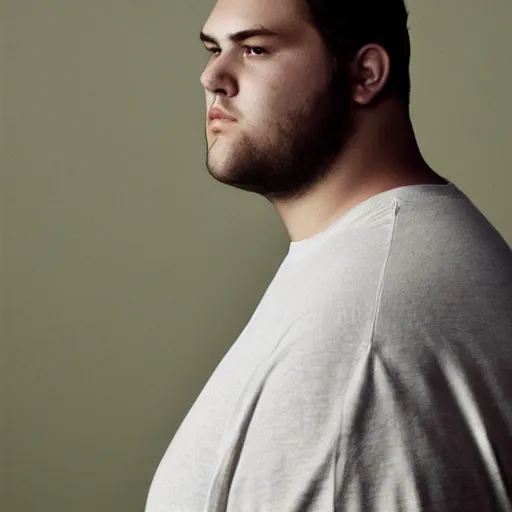 Image similar to a muted colors natural portrait photograph of a Male plus-size model, editorial story, i-D magazine, editorial photography