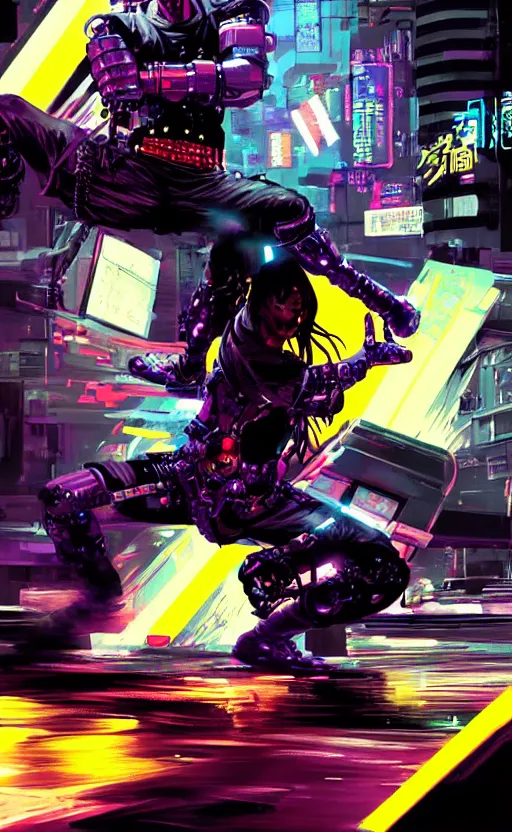 Prompt: Cybernetic kung-fu action shot. Dynamic, delirious, creative panel style by Bill Sienkiewicz. Heavy chromatic abberation. Visual distortion. Sci-Fi cyberpunk Comic page made up of art by the best artists Trending on Artstation. Octane render, Raytracing, 3d masterpiece, fantastic lighting by James Gurney. Noir detective genre.