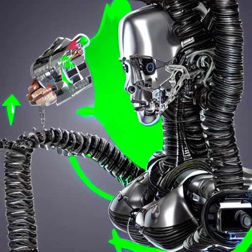 Image similar to the torso of fully a mechanical terminator lady with borg implants, human face and robotic snakes coming out of her head is hanging from cables and wires off the ceiling of an abandoned computer lab and plugged into a quantum computer. Her bottom half is missing with cables hanging out. She is taking a sip from a cup of coffee. Tiny green led lights in her cybernetics. very detailed 8k. Steampunk horror style.