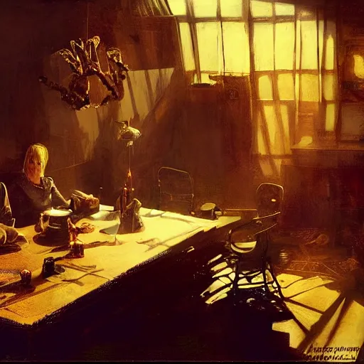 Image similar to the illumatis all sitting at a table, serious, eerie, a single sunbeam coming from the roof, dust illuminated by the sunbeam, serious, lush, vintage decor, craig mullins