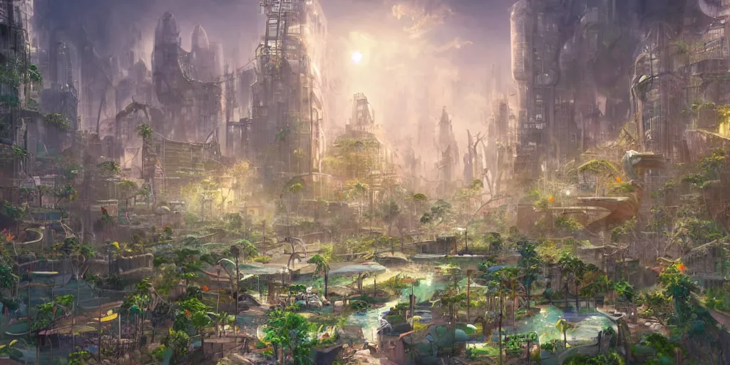 Image similar to a utopian city, filled with fauna, with building floating around everywhere, building cover with plant, dynamic lighting, fantasy concept art, trending on art station, stunning visuals, creative, cinematic, ultra detailed
