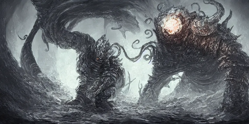 Image similar to a giant kraken as a dark souls final boss, concept art, digital painting, trending on arstation