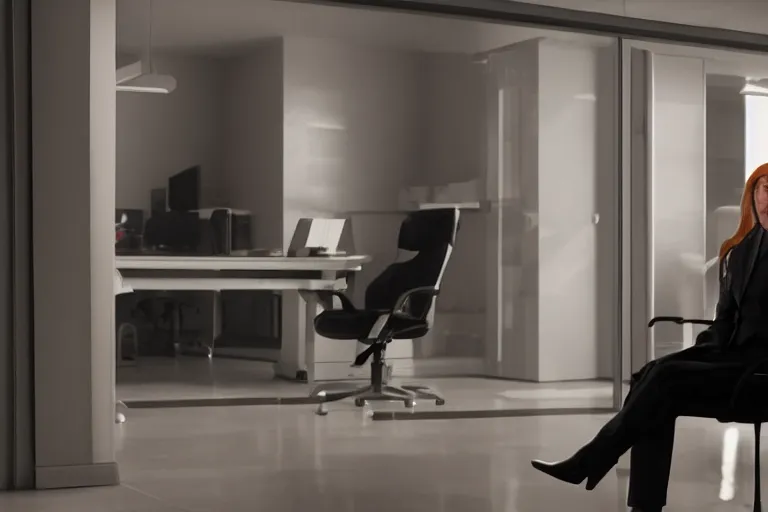 Prompt: award winning shot of pepper potts, ceo of stark industries, sinks into her chair, desolate, her once - spotless office now covered in dust. she sobs. screenshot from the mcu, ambient lighting, 8 k, as played by gwyneth paltrow