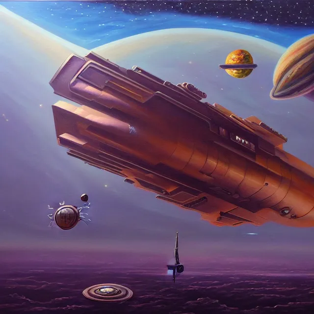 Image similar to an oil on canvas painting of a spaceship, polycount, surrealism, surrealist, cosmic horror, high detail