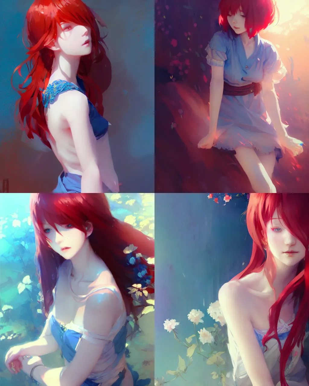 Prompt: girl with red hair and blue clothing, flower decoration on the background, a beautiful half body illustration, top lighting, perfect shadow, soft painting, art by hidari and krenz cushart and wenjun lin