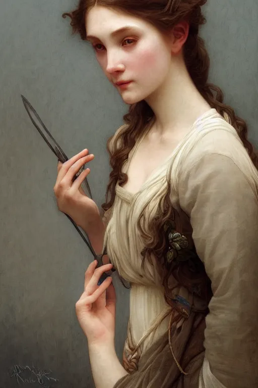 Prompt: Portrait of beautiful pale peasant girl, cinematic lighting, intricate, elegant, highly detailed, digital painting, artstation, smooth, sharp focus, illustration, art by artgerm and greg rutkowski and alphonse mucha and Wayne Barlowe and william-adolphe bouguereau