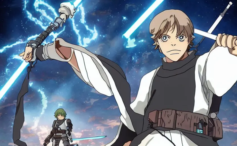 Prompt: luke skywalker in demon slayer anime style by ufotable, and koyoharu gotoge