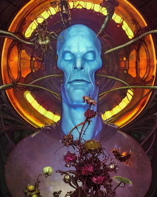 Image similar to the platonic ideal of flowers, rotting, insects and praying of cletus kasady carnage thanos nazgul doctor manhattan chtulu mandelbulb ponyo bioshock davinci heavy rain, d & d, fantasy, ego death, decay, dmt, psilocybin, art by artgerm and greg rutkowski and alphonse mucha