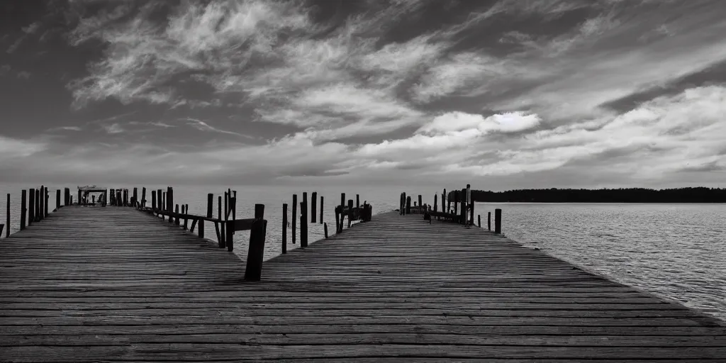 Image similar to infrared photograph of a seaside dock