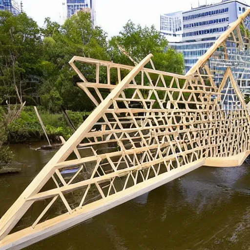 Image similar to extremely complicated wooden frame bridge designed by sou fujimoto