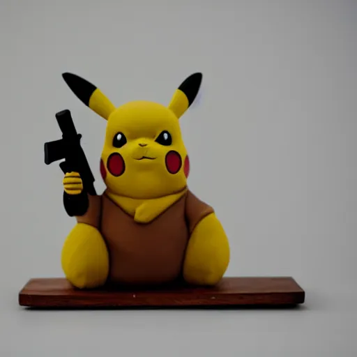 Image similar to clay sculpture of pikachu holding a gun and standing on a wooden desk, clay sculpture, 33mm, high res photo