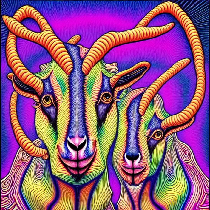 Prompt: psychedelic goats, by alex grey, intricate details, artstation, furry, beautiful