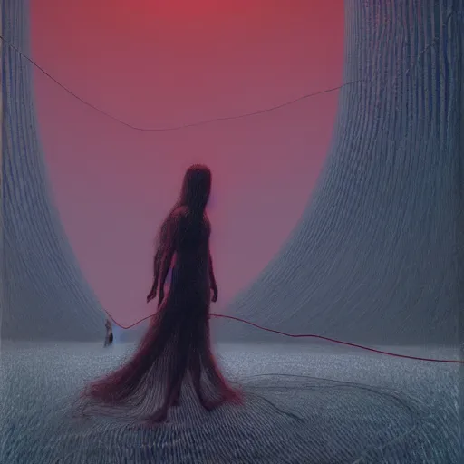 Prompt: liminal!!, portrait, shore of the lake, woman, wrapped around by tubes and cables, short black curly hair, glowing red, by edgar maxence and ross tran, zdzisław beksinski, and michael whelan, distant, gustav dore, h. r. giger, 8 k, octane render