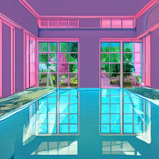 Image similar to a sunlit indoor lounge area with a pool with clear water and another pool with translucent pastel pink water, next to a big window, digital art