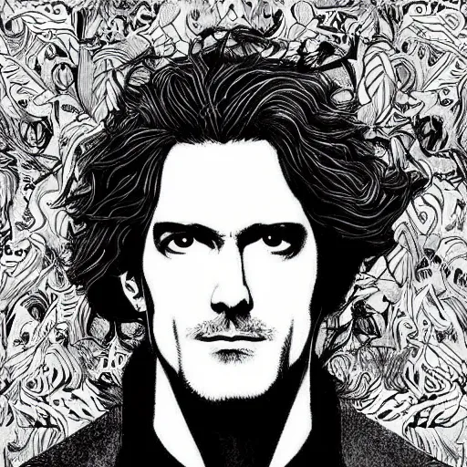 Image similar to black and white pen and ink!!!! aesthetic instagram artstation trending royal! nordic goetic young Frank Zappa x handsome Kyle Maclachlan golden!!!! Vagabond!!!! floating magic swordsman!!!! glides through a beautiful!!!!!!! floral!! battlefield dramatic esoteric!!!!!! pen and ink!!!!! illustrated in high detail!!!!!!!! by Koyoharu Gotouge and Hiroya Oku!!!!!!!!! graphic novel published on 2049 award winning!!!! full body portrait!!!!! action exposition manga panel black and white Shonen Jump issue by David Lynch eraserhead and Frank Miller beautiful line art Hirohiko Araki