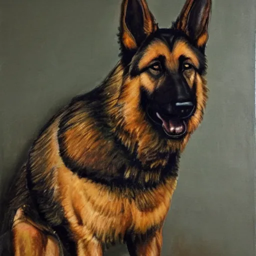 Image similar to a oil painting of a anthropomorphic german shepherd beast - man, wearing military outfit, sitting on an armchair