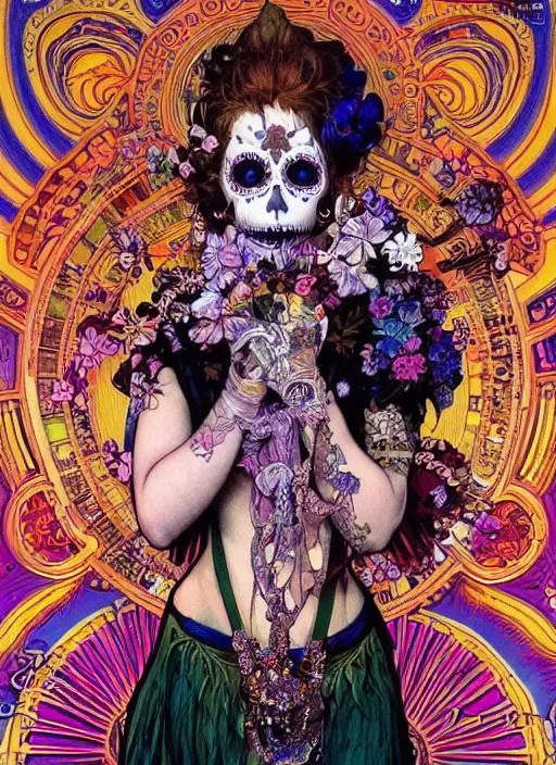 Image similar to realistic detailed psychedelic poster art of a cute punk goth fractal Día de los Muertos girl posing by Victor Moscoso Rick Griffin Alphonse Mucha Ayami Kojima Amano Charlie Bowater, masterpiece