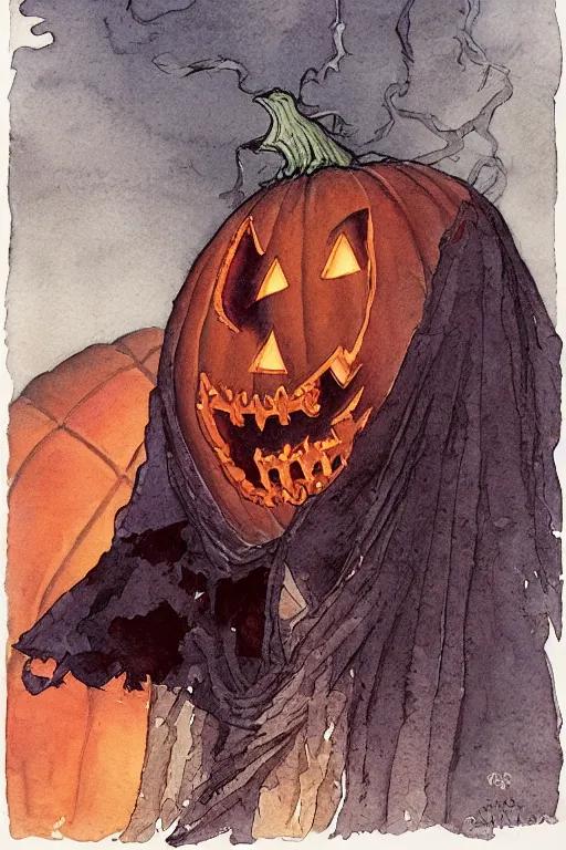 Prompt: a simple and atmospheric watercolour portrait of the headless horseman, jack - o - lantern head on halloween night, very muted colors, by rebecca guay, michael kaluta, charles vess and jean moebius giraud