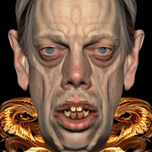 Image similar to beatiful frontal face portrait of Steve buscemi, 150 mm, anatomical, flesh, flowers, mandelbrot fractal, facial muscles, veins, arteries, symmetric, intricate, golden ratio, full frame, microscopic, elegant, highly detailed, ornate, ornament, sculpture, elegant , luxury, beautifully lit, ray trace, octane render in the style of peter Gric , alex grey and Romero Ressendi