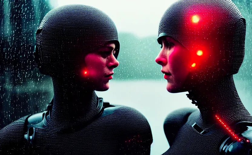 Image similar to cinestill 5 0 d candid photographic portrait by christopher nolan of two loving female androids wearing rugged black mesh techwear in treacherous waters, extreme closeup, modern cyberpunk moody emotional cinematic, pouring rain menacing red spotlight, 8 k, hd, high resolution, 3 5 mm, f / 3 2, ultra realistic faces, ex machina