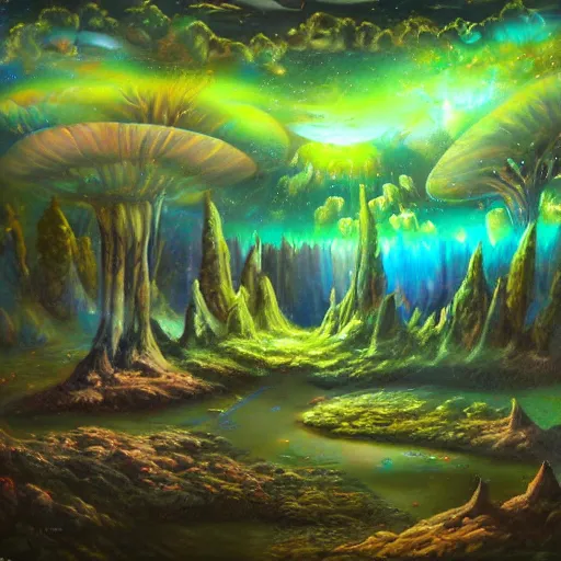 Prompt: strange alien landscape with unusual trees and luminescent flowers with glowing pond detailed airbrush painting