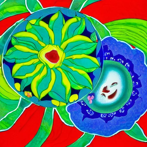 Image similar to A beautiful photograph of a flower with a smiling face in the center. The petals are a bright color, and the stem is green. The background is a gradient of colors. blue-green by Fang Lijun, by Roberto Matta shadowy