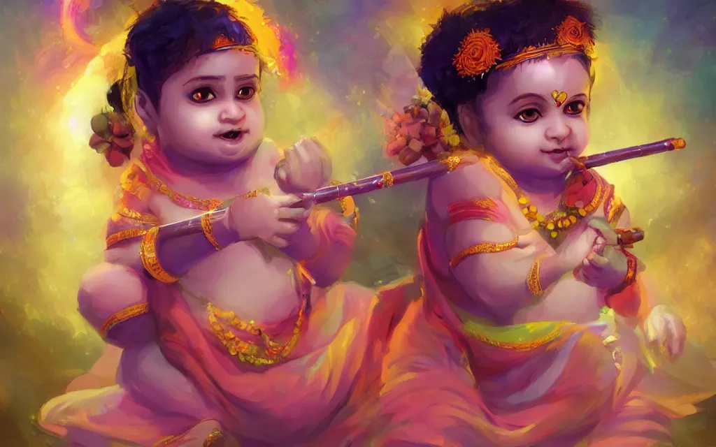 Prompt: the supreme personality of godhead, baby krishna, as the most beautiful innocent child carrying a flute and butter, in the style of charlie bowater, epic lighting, vibrant colors and beautiful light, very coherent, trending on artstation