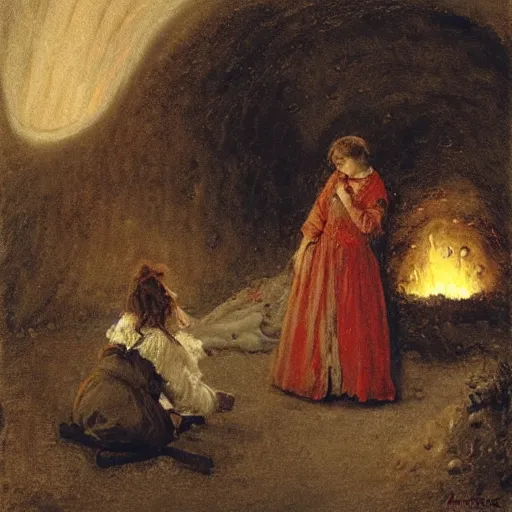 Image similar to girl meeting a flame spirit in a mine, by alfred stevens