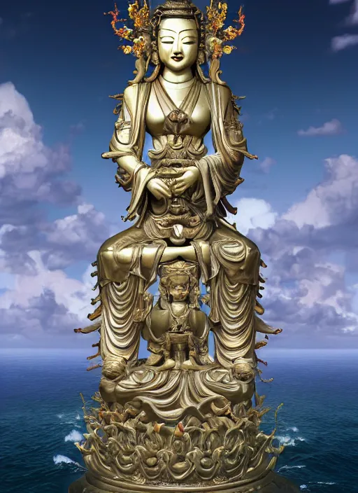 Image similar to guanyin stand on big loutus, a godness of the southern seas, a realistic setting with muted colors, visual novel cover, by yoshitaka amano, zeng fanzhi, jane hamilton, tiffany studios, sunrays shine uponit, frostbite 3 engine, cryengine, dof, trending on artstation, digital art, fantasy detailed background