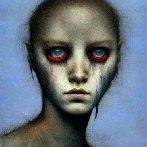 Image similar to beautiful palewhite maneater girl with black short short hairs by beksinski