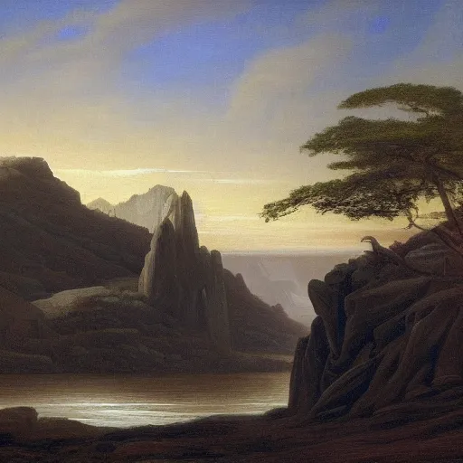 Prompt: landscape in the style of hudson river school of art by h. r. giger