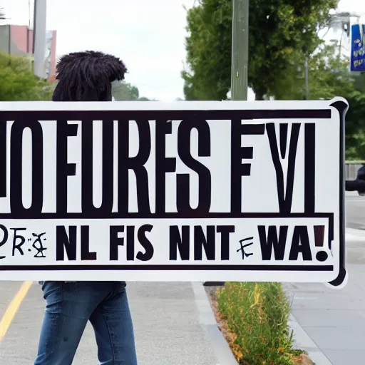 Image similar to a street sign that says no furries, sad furry looking at it